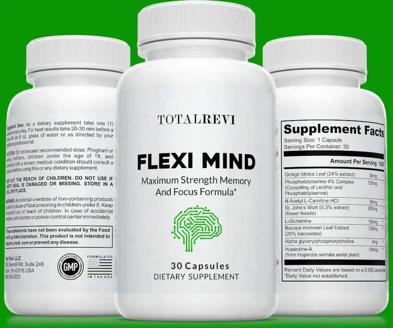 Flexi Mind brain supplement by Total Revi 3 bottles image